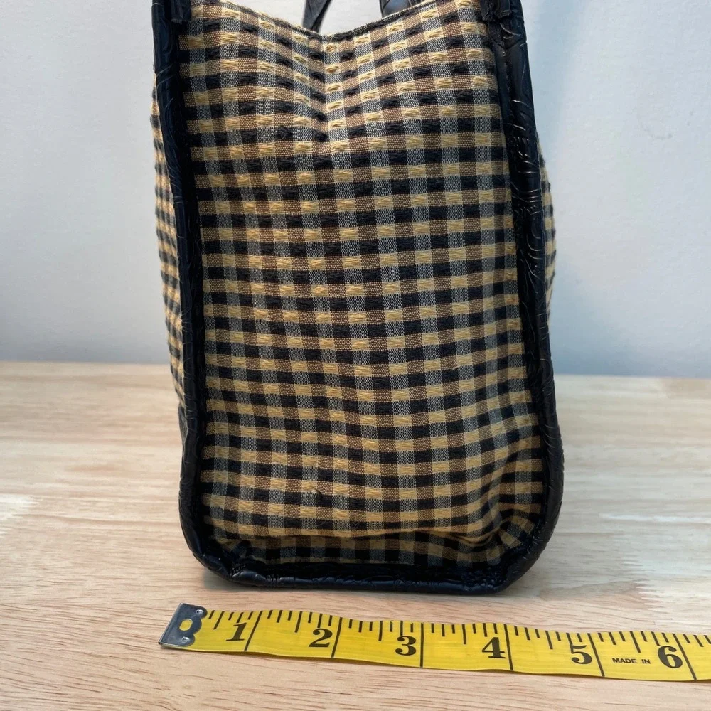 Longaberger Gingham Tote Bag Black Tan Embossed Floral Trim Silver Logo Plaque‎